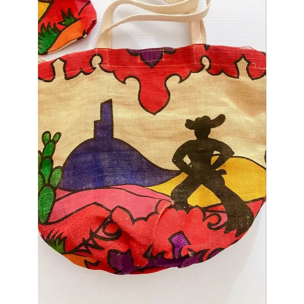 Vintage Burlap Cowboy Tote Bag & Coin Purse Southwestern Woven Vibrant Print